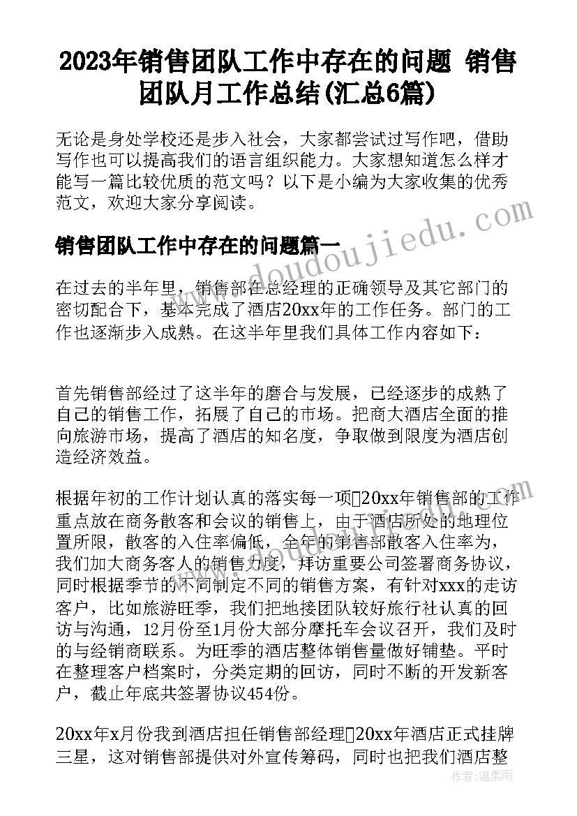 2023年销售团队工作中存在的问题 销售团队月工作总结(汇总6篇)