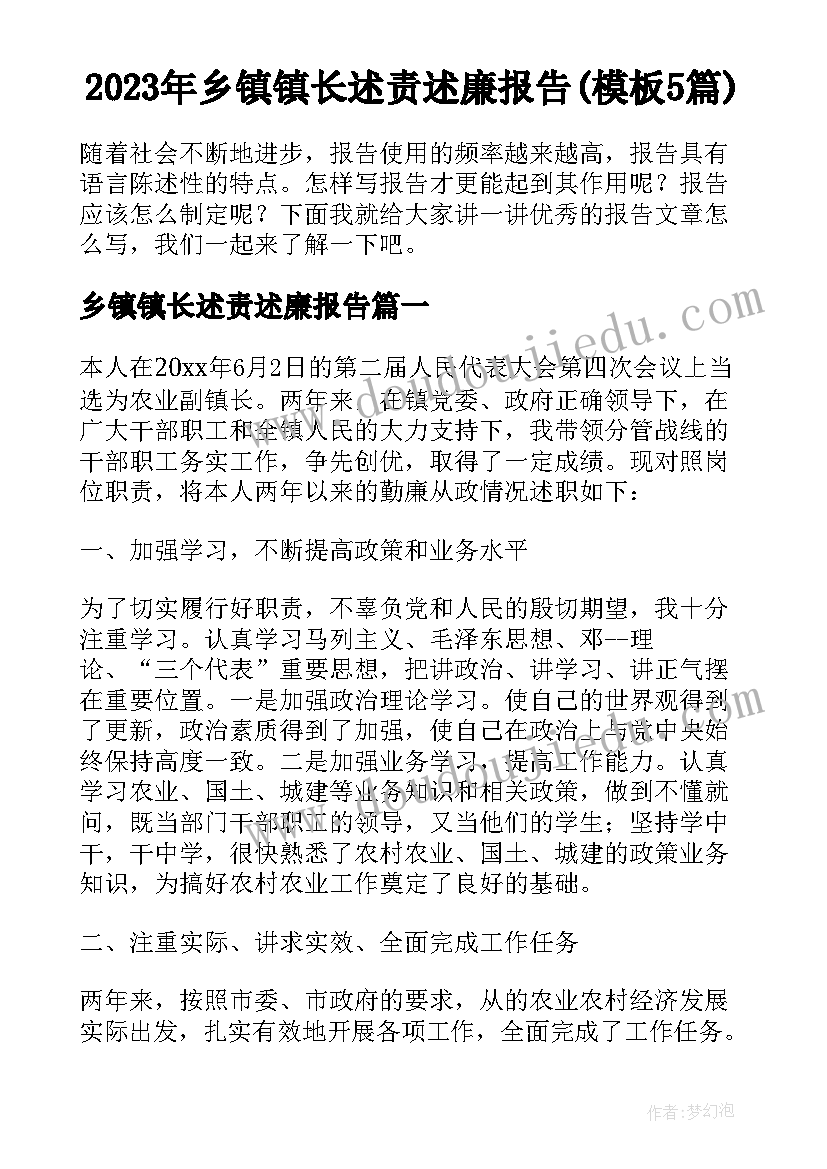 2023年乡镇镇长述责述廉报告(模板5篇)