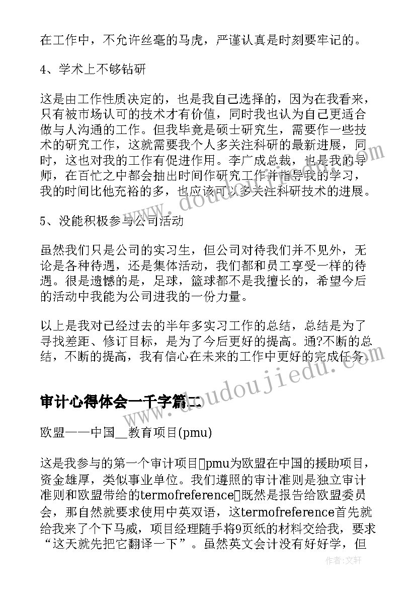 2023年审计心得体会一千字(模板6篇)