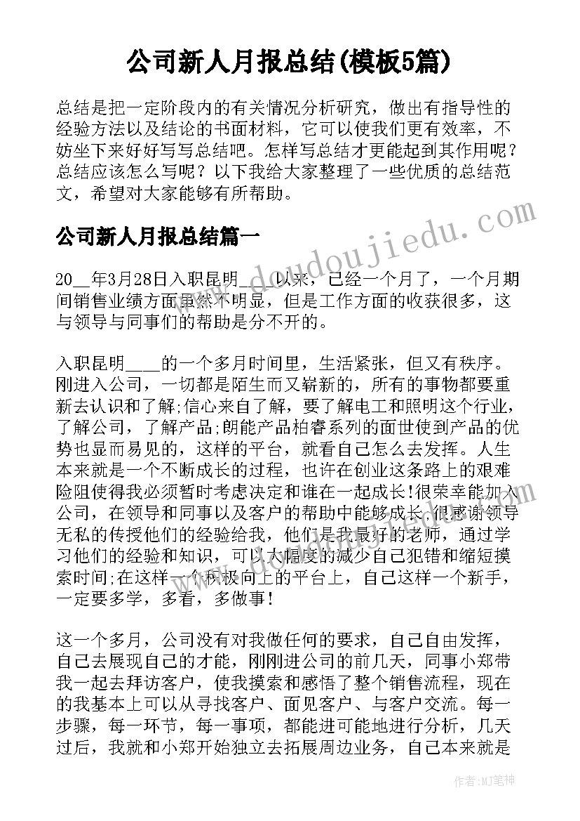 公司新人月报总结(模板5篇)