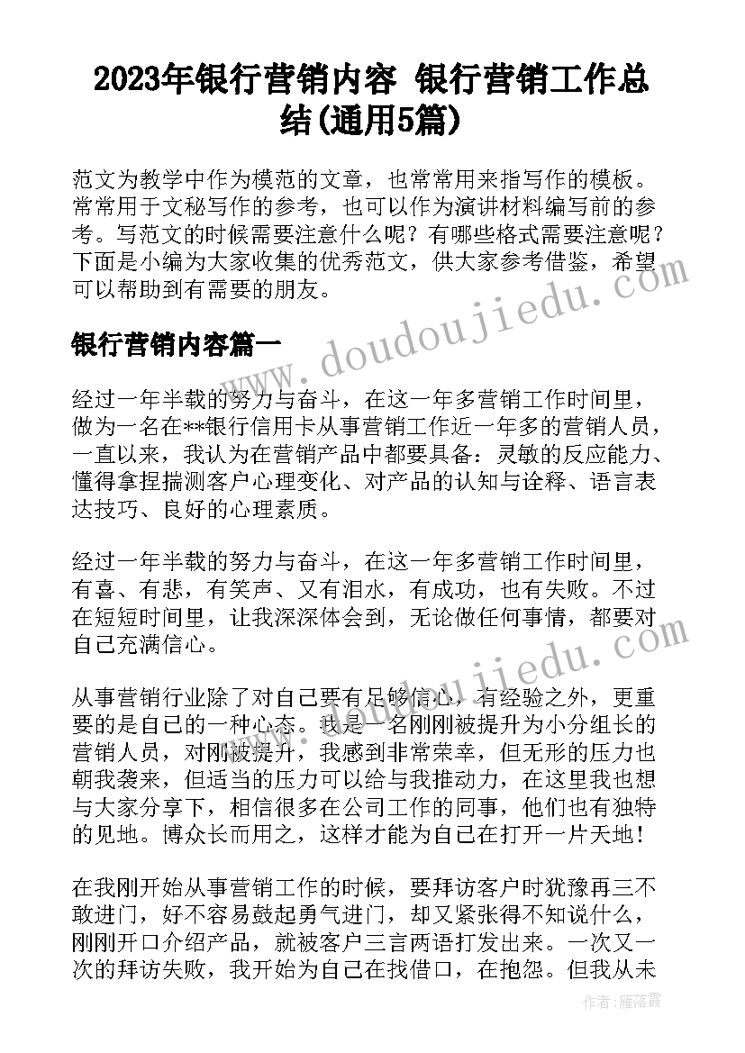 2023年银行营销内容 银行营销工作总结(通用5篇)