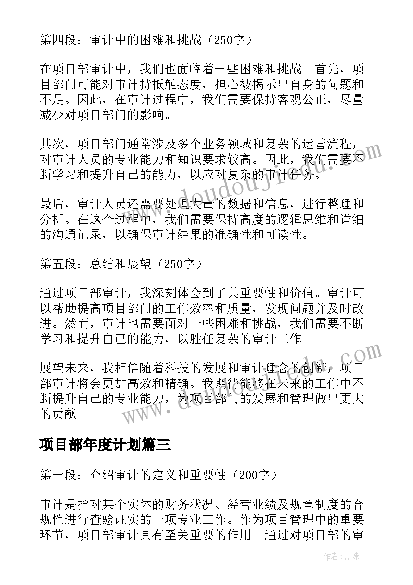 项目部年度计划 项目部审计心得体会(模板9篇)