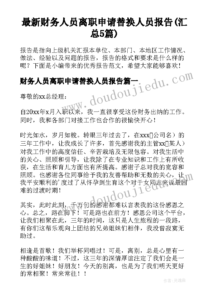 最新财务人员离职申请替换人员报告(汇总5篇)