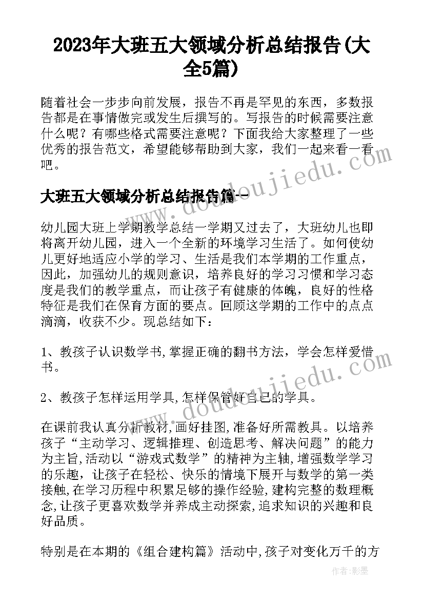 2023年大班五大领域分析总结报告(大全5篇)