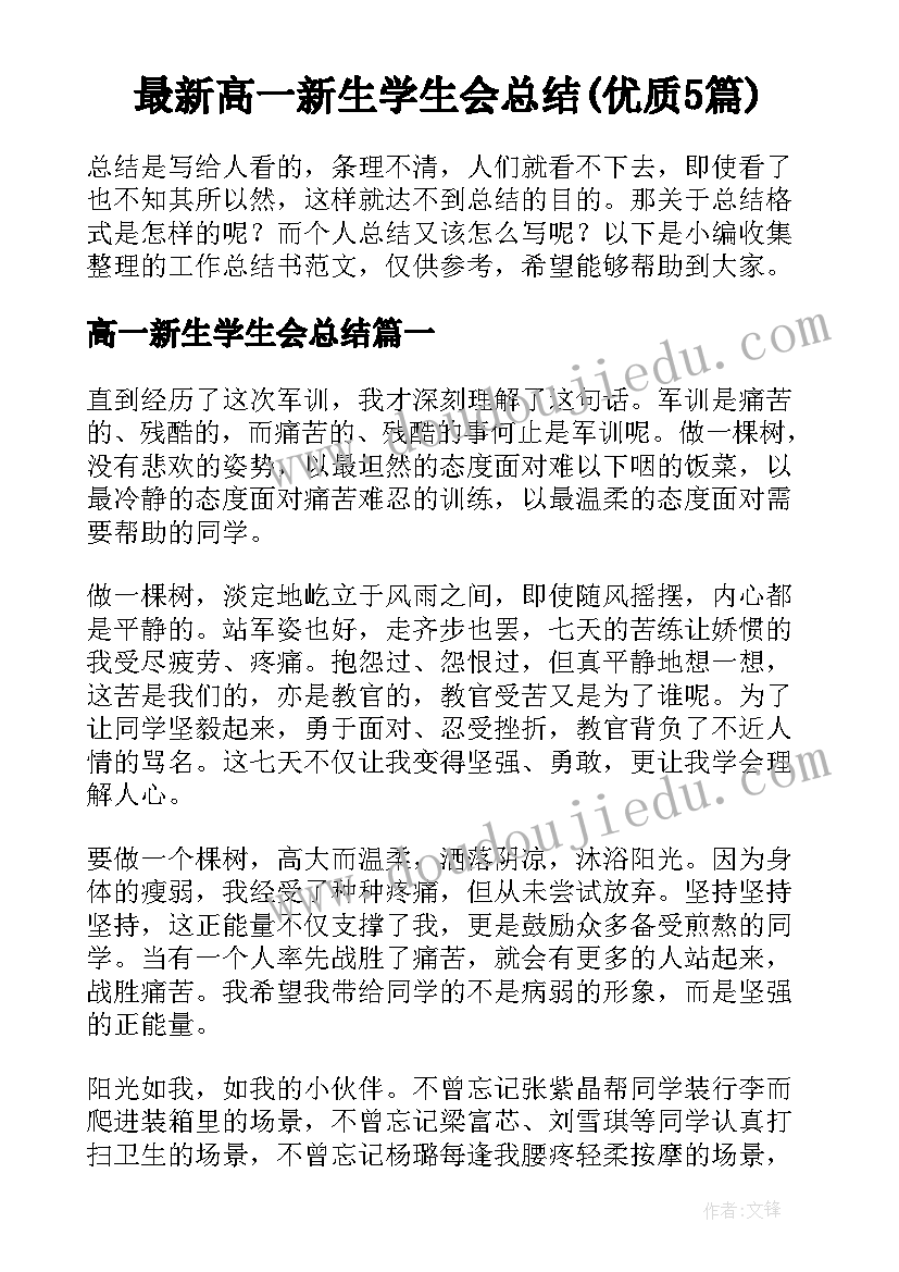 最新高一新生学生会总结(优质5篇)