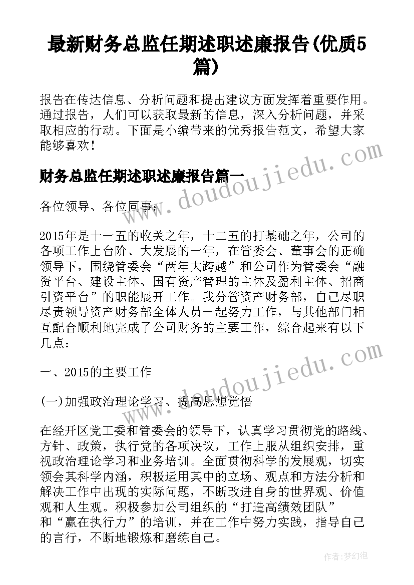 最新财务总监任期述职述廉报告(优质5篇)