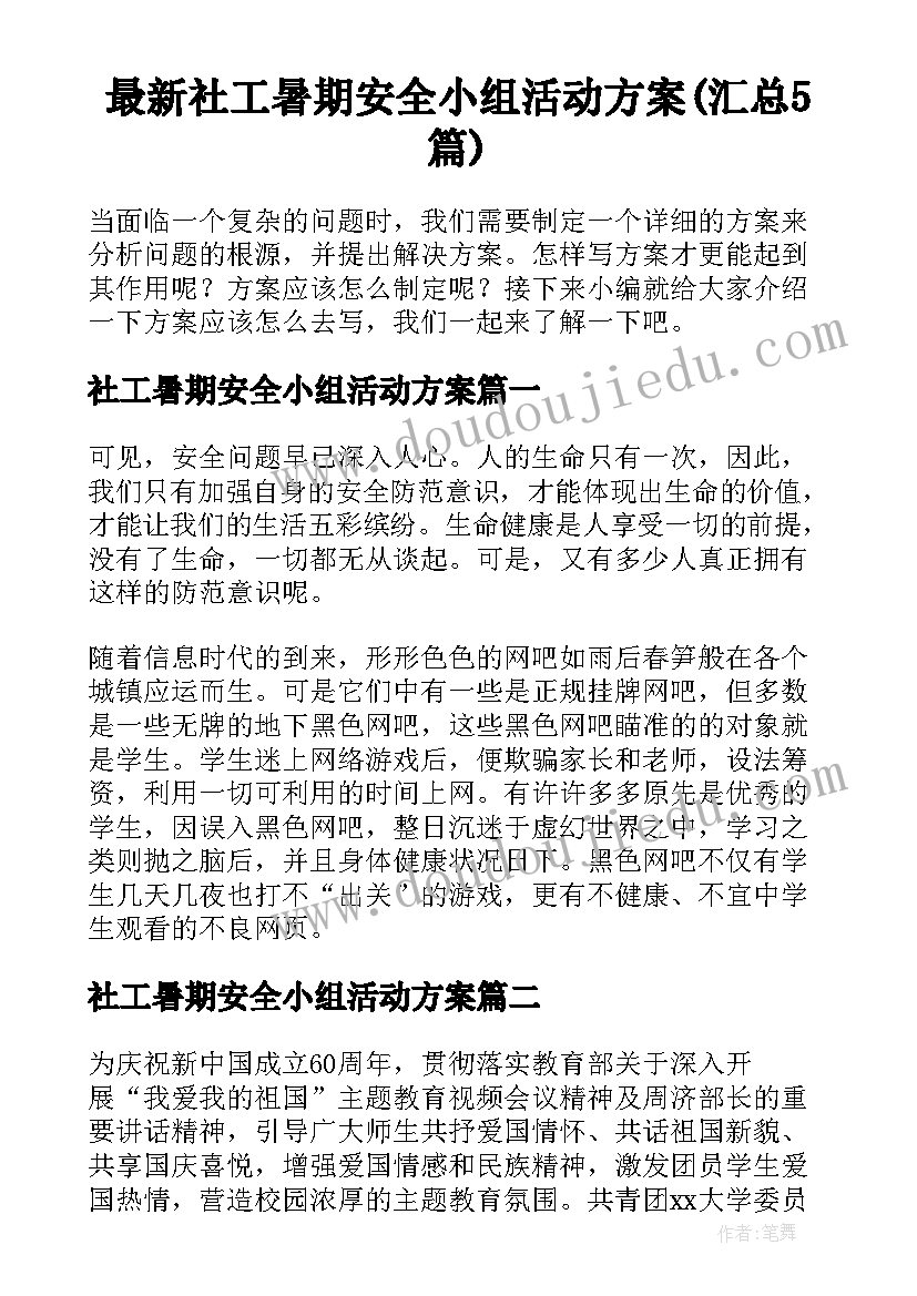 最新社工暑期安全小组活动方案(汇总5篇)