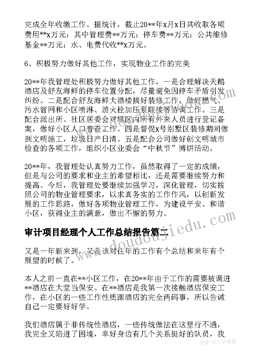 2023年审计项目经理个人工作总结报告(实用5篇)