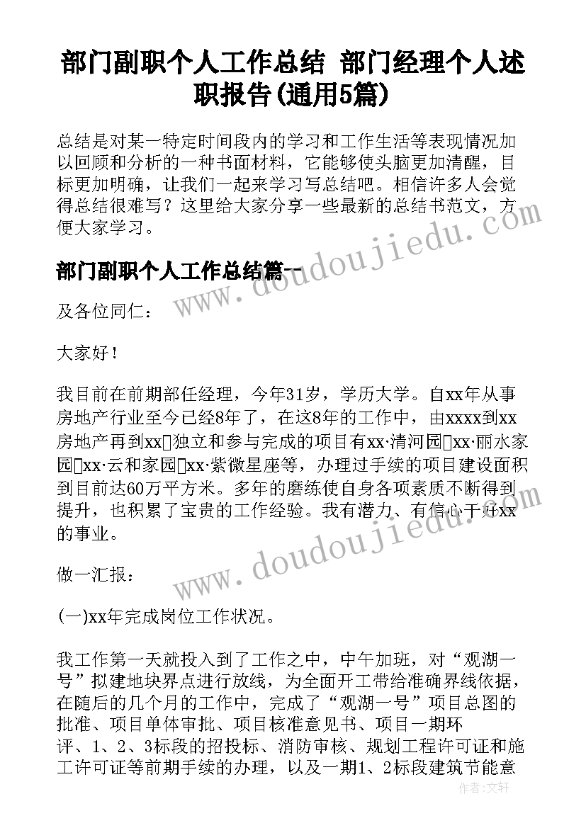 部门副职个人工作总结 部门经理个人述职报告(通用5篇)