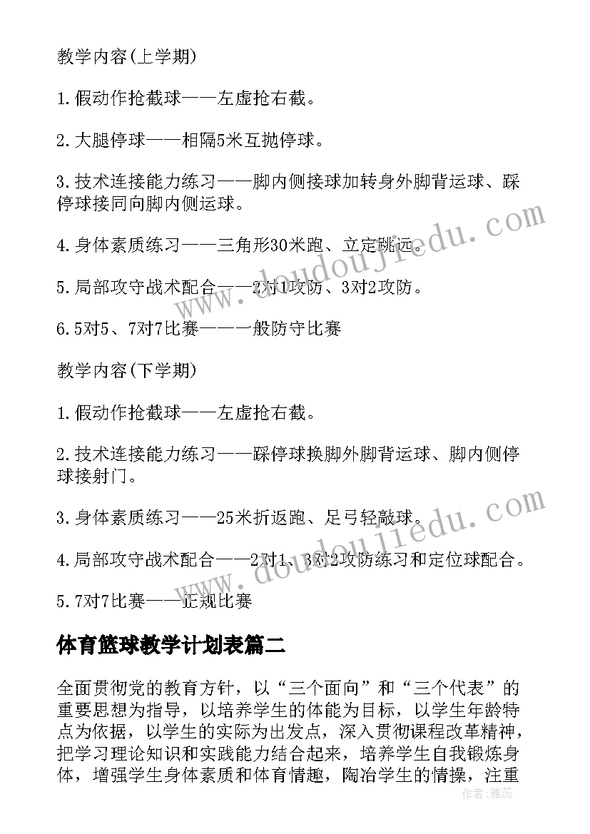 2023年体育篮球教学计划表(优质5篇)