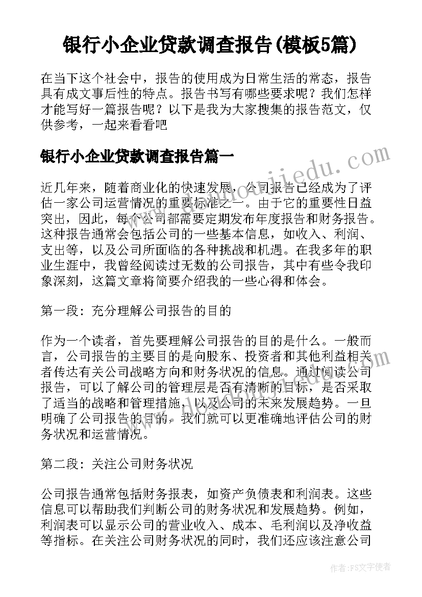 银行小企业贷款调查报告(模板5篇)