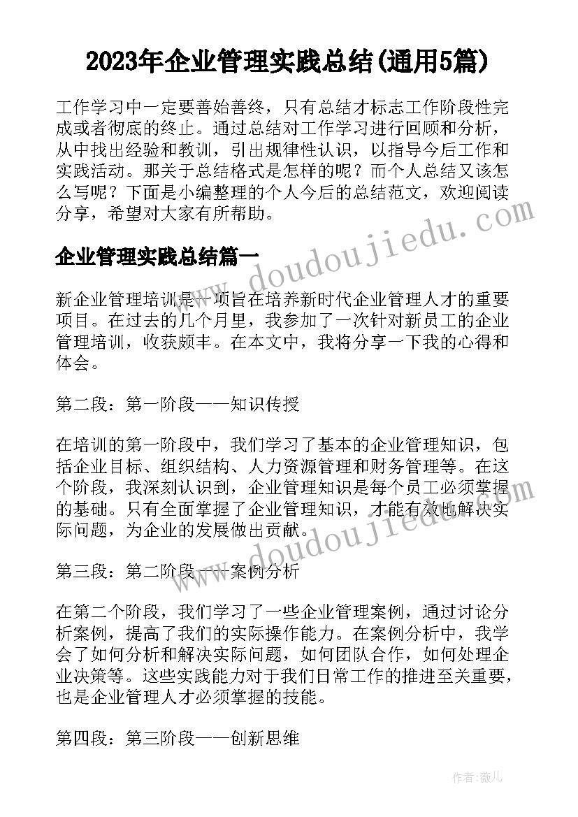 2023年企业管理实践总结(通用5篇)