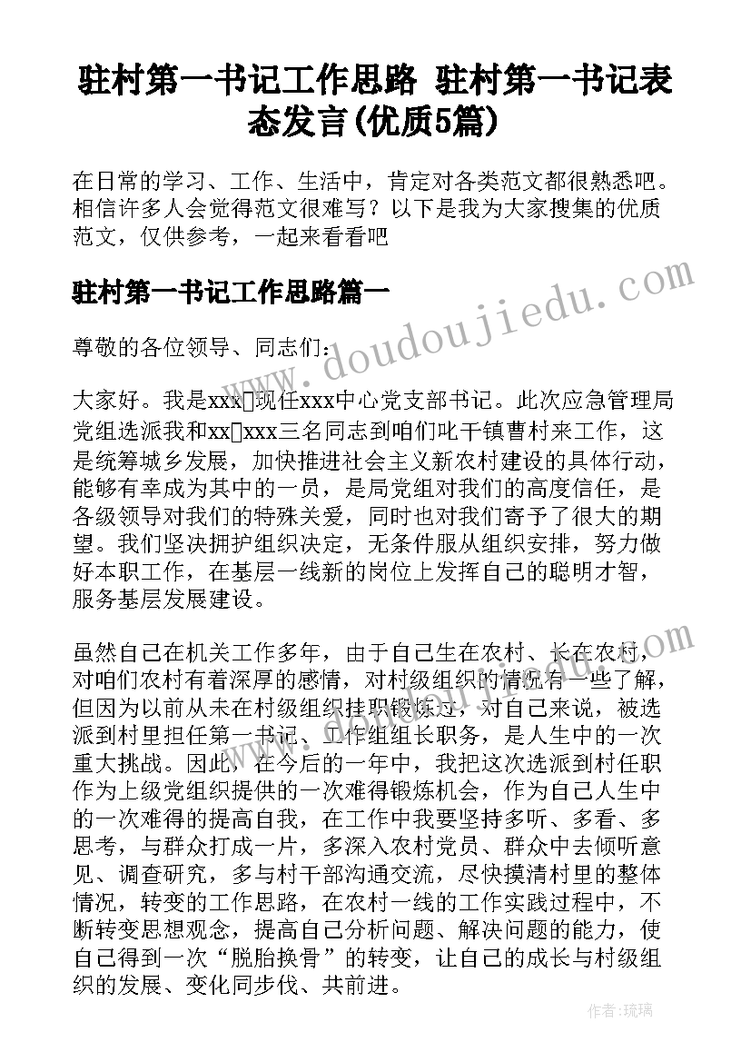 驻村第一书记工作思路 驻村第一书记表态发言(优质5篇)