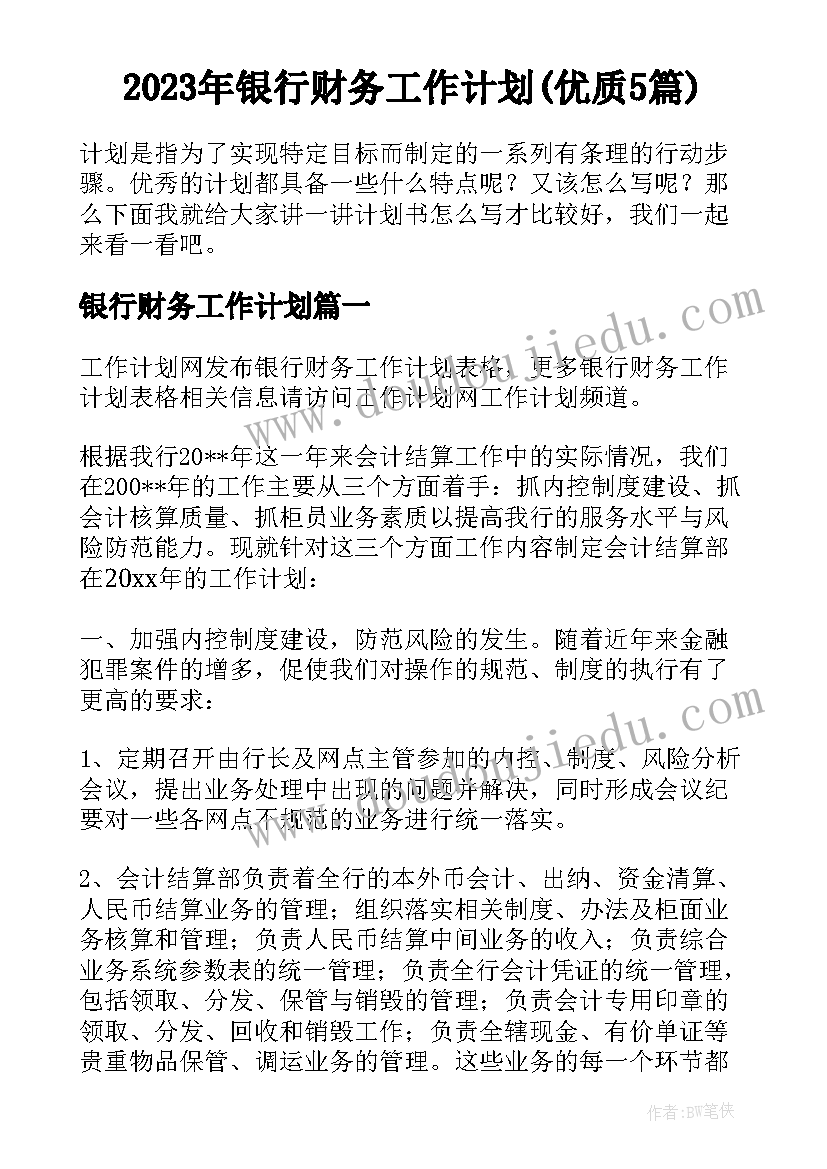 2023年银行财务工作计划(优质5篇)