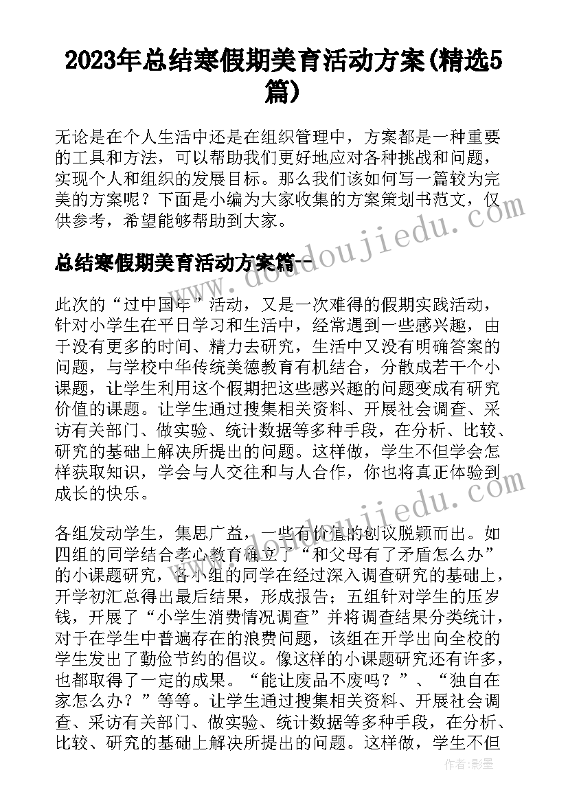 2023年总结寒假期美育活动方案(精选5篇)