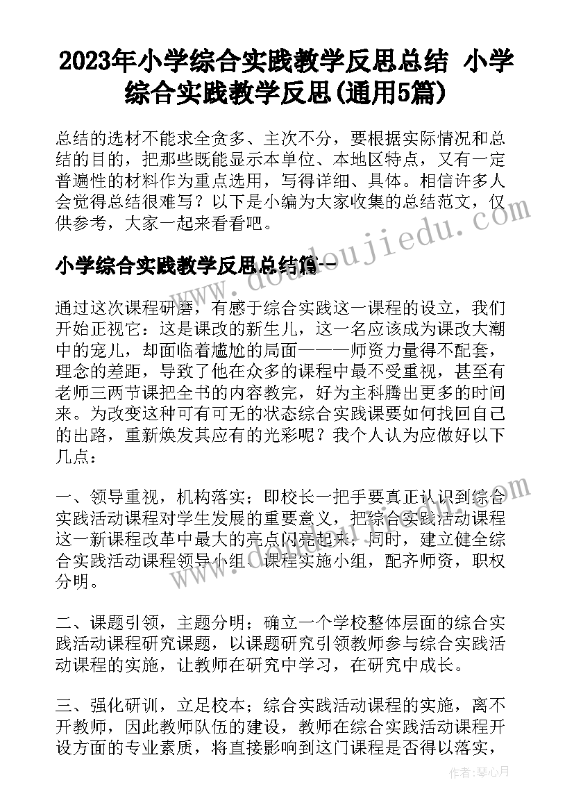 2023年小学综合实践教学反思总结 小学综合实践教学反思(通用5篇)