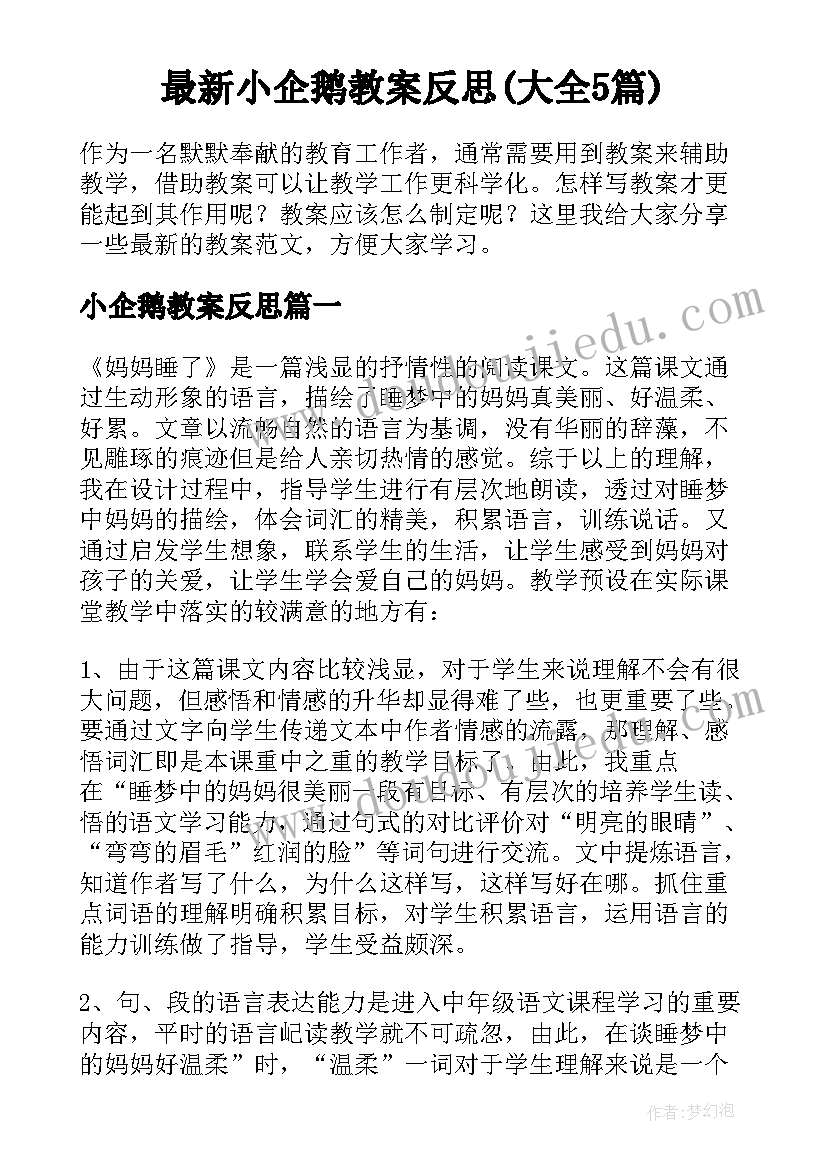 最新小企鹅教案反思(大全5篇)