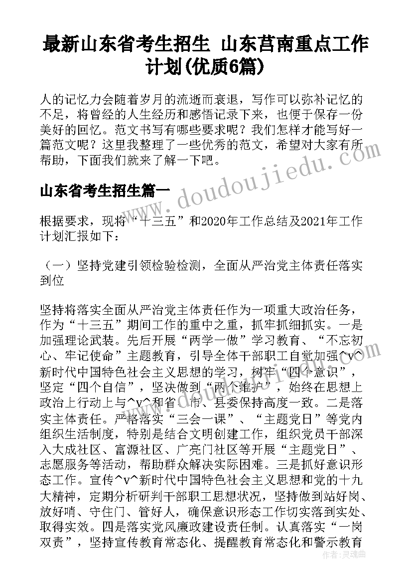 最新山东省考生招生 山东莒南重点工作计划(优质6篇)