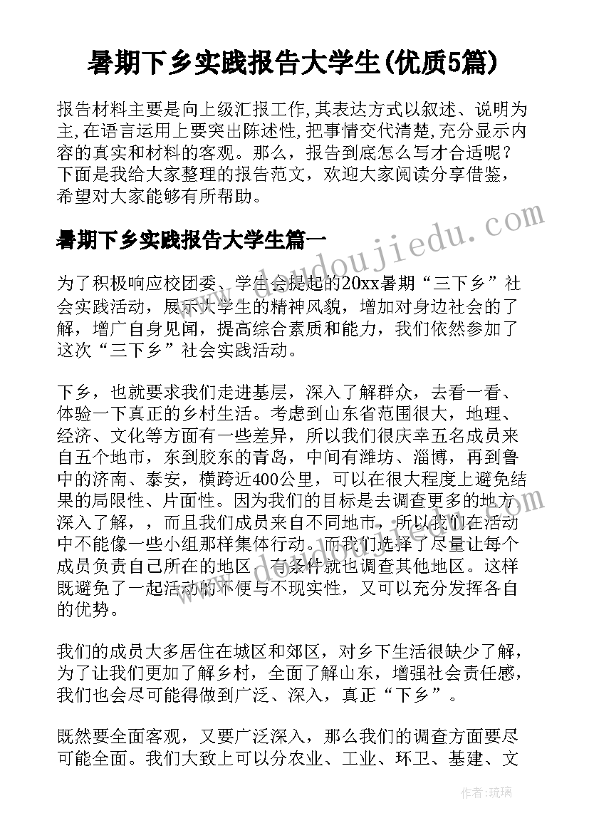 暑期下乡实践报告大学生(优质5篇)