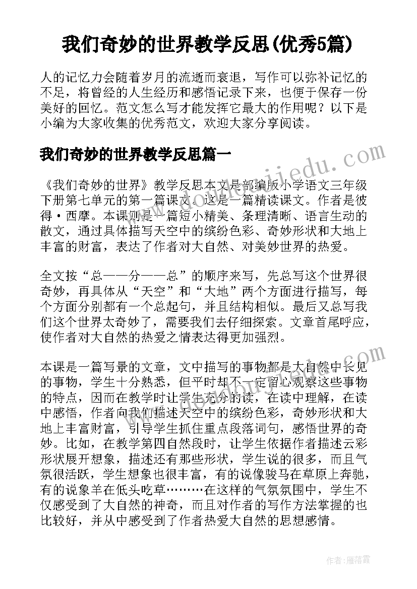 我们奇妙的世界教学反思(优秀5篇)