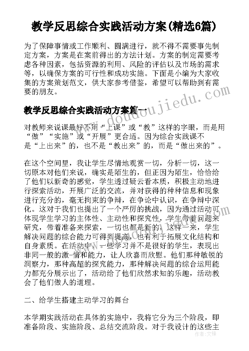 教学反思综合实践活动方案(精选6篇)