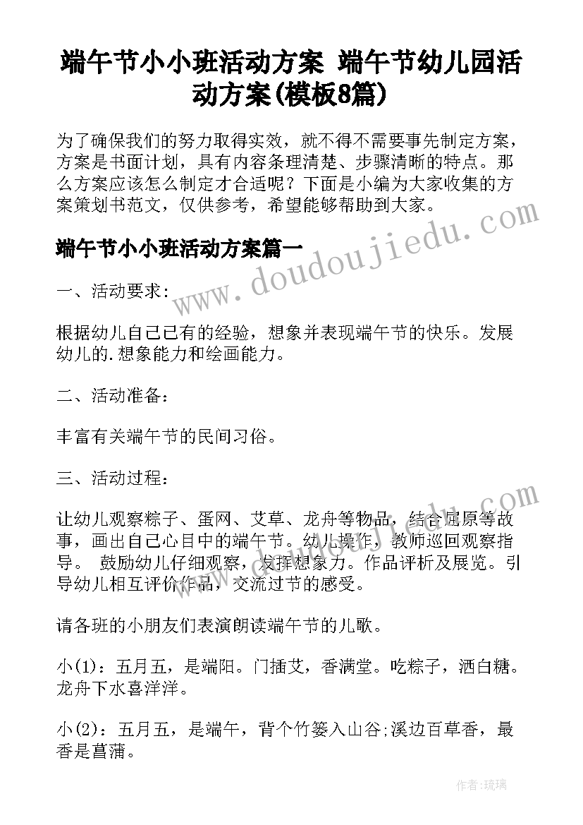 端午节小小班活动方案 端午节幼儿园活动方案(模板8篇)