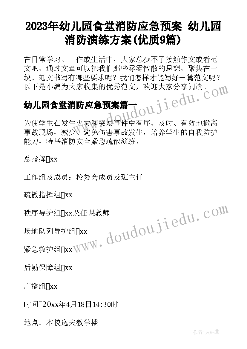 2023年幼儿园食堂消防应急预案 幼儿园消防演练方案(优质9篇)