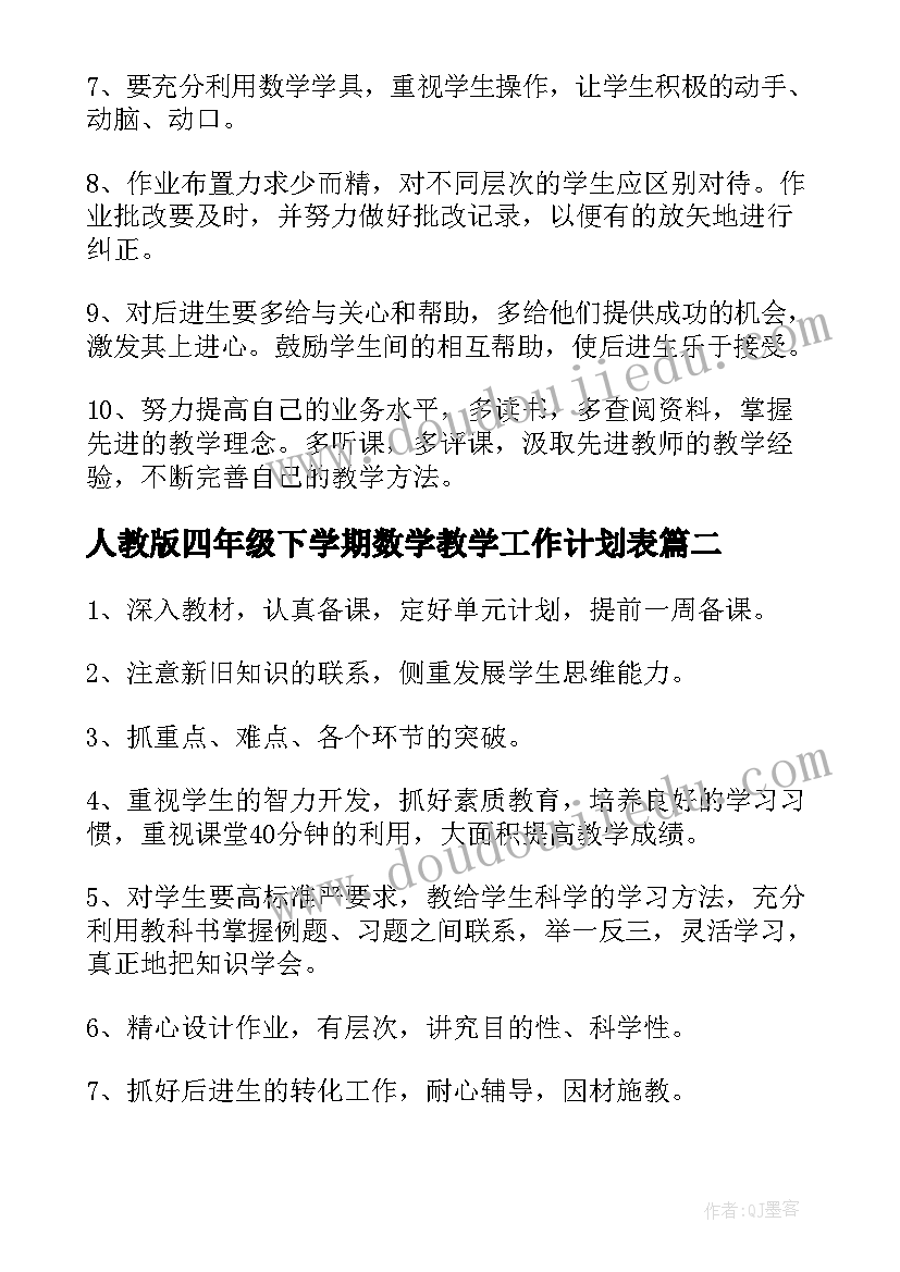 最新人教版四年级下学期数学教学工作计划表 四年级下学期数学教学工作计划(汇总5篇)