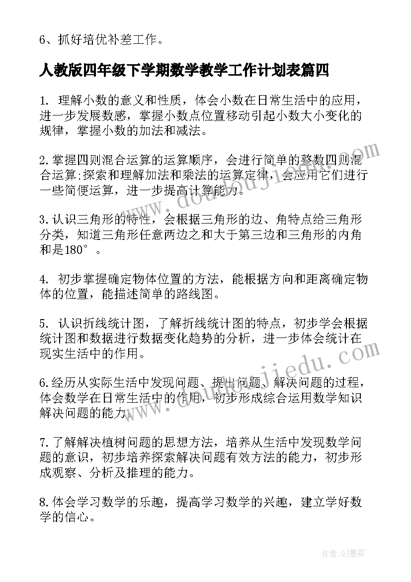 最新人教版四年级下学期数学教学工作计划表 四年级下学期数学教学工作计划(汇总5篇)