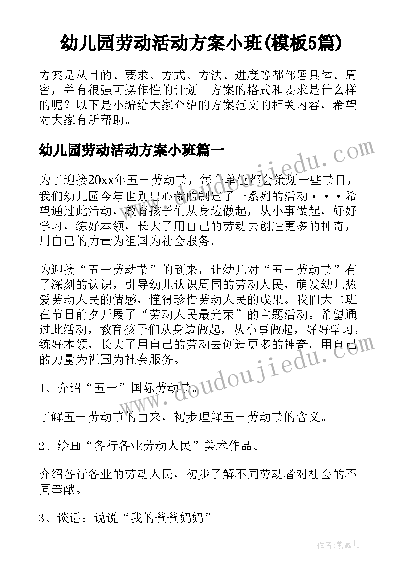 幼儿园劳动活动方案小班(模板5篇)