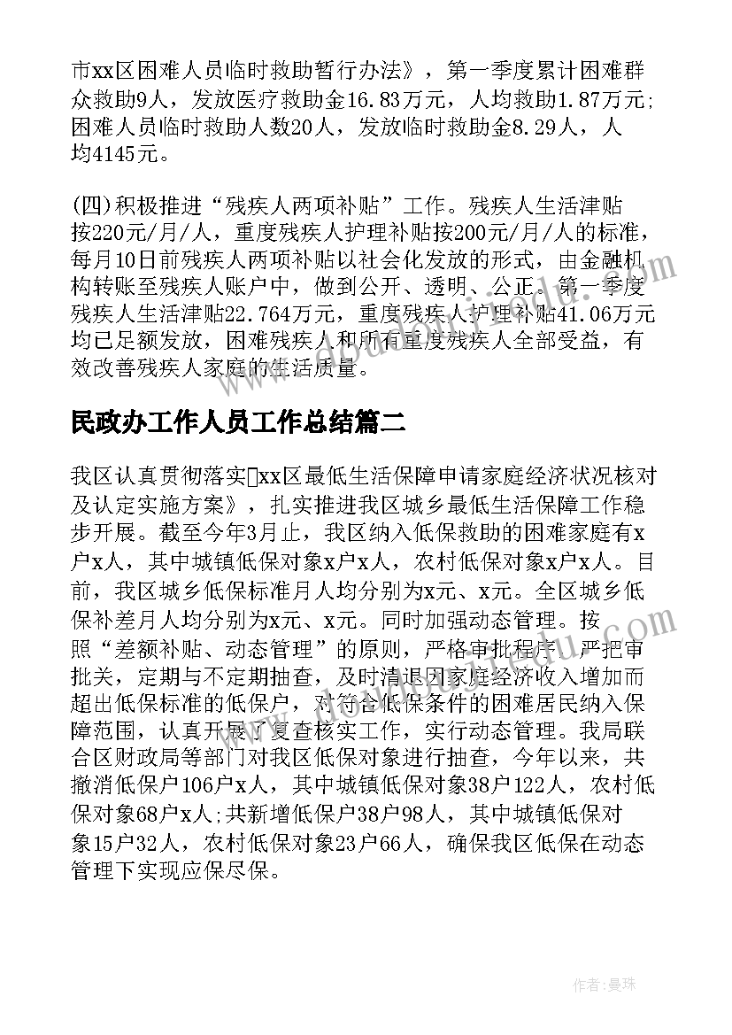 2023年民政办工作人员工作总结(通用5篇)