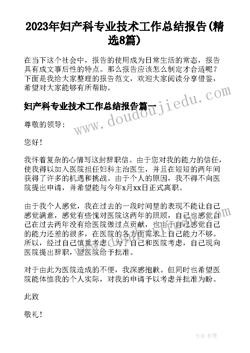 2023年妇产科专业技术工作总结报告(精选8篇)