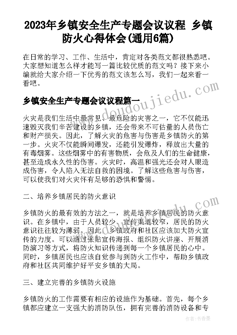 2023年乡镇安全生产专题会议议程 乡镇防火心得体会(通用6篇)