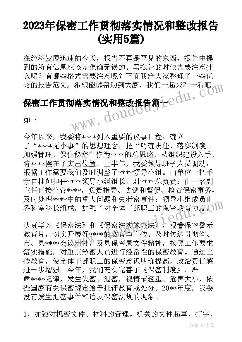 2023年保密工作贯彻落实情况和整改报告(实用5篇)