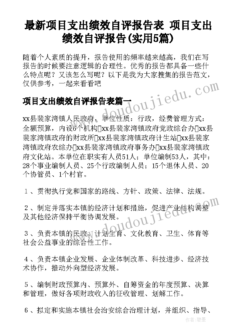 最新项目支出绩效自评报告表 项目支出绩效自评报告(实用5篇)