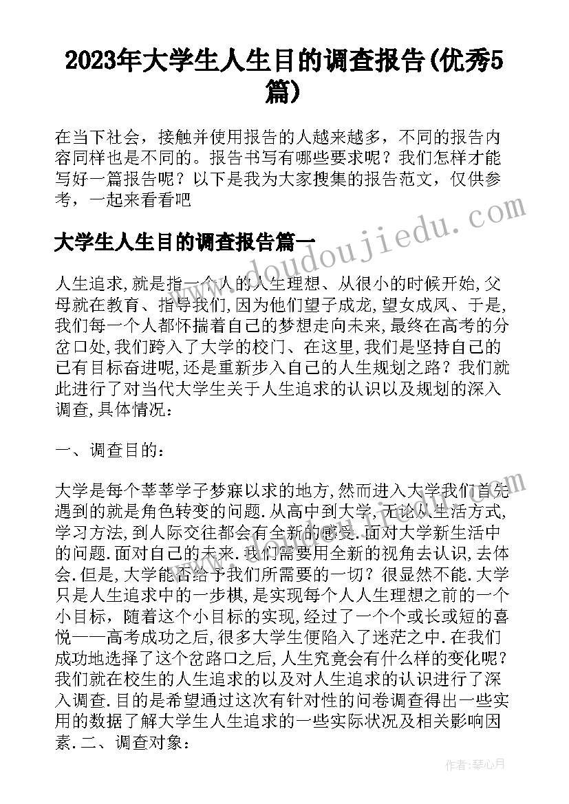 2023年大学生人生目的调查报告(优秀5篇)