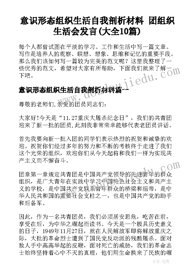 意识形态组织生活自我剖析材料 团组织生活会发言(大全10篇)