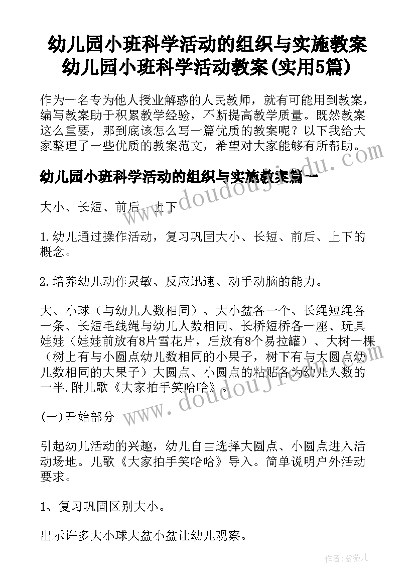 幼儿园小班科学活动的组织与实施教案 幼儿园小班科学活动教案(实用5篇)