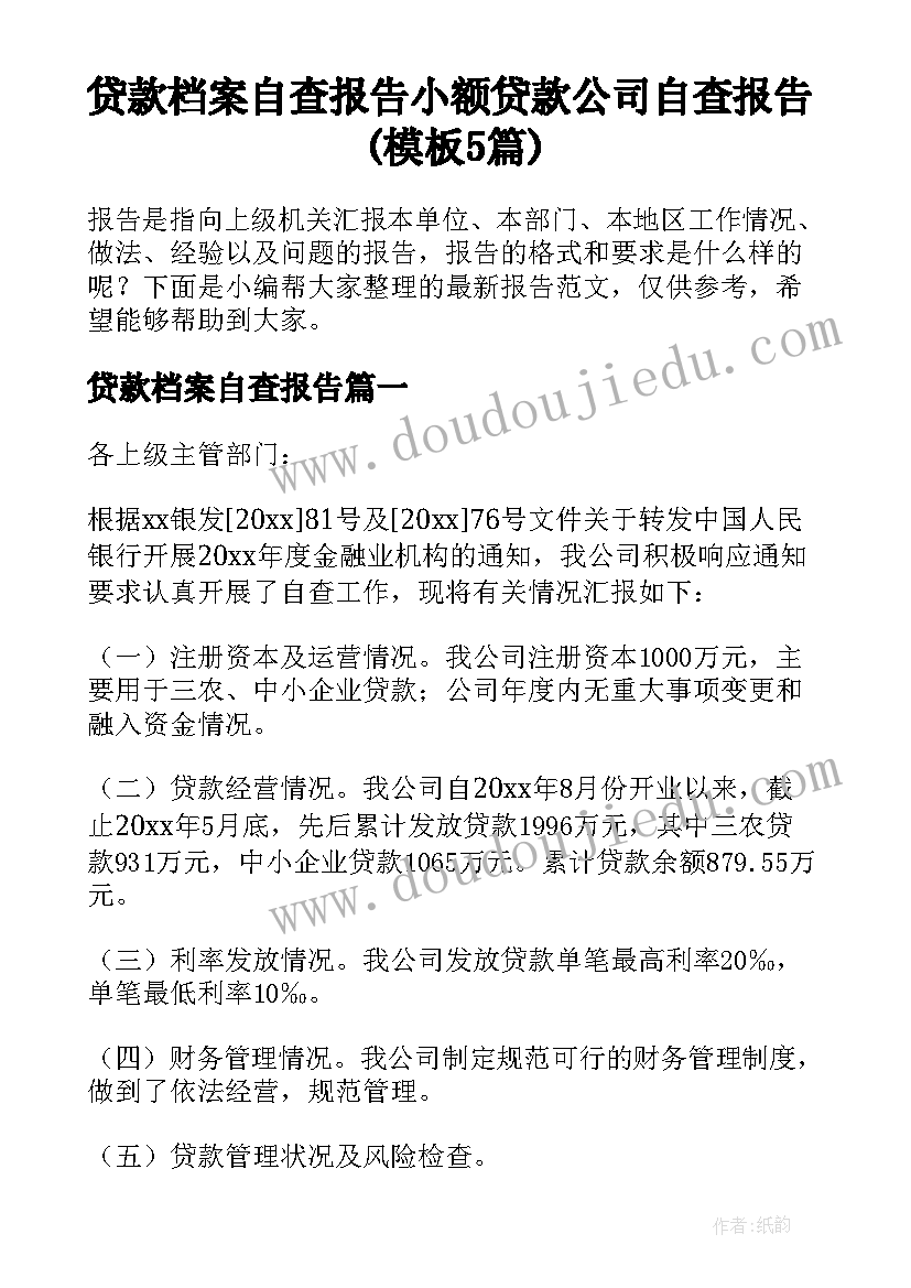 贷款档案自查报告 小额贷款公司自查报告(模板5篇)