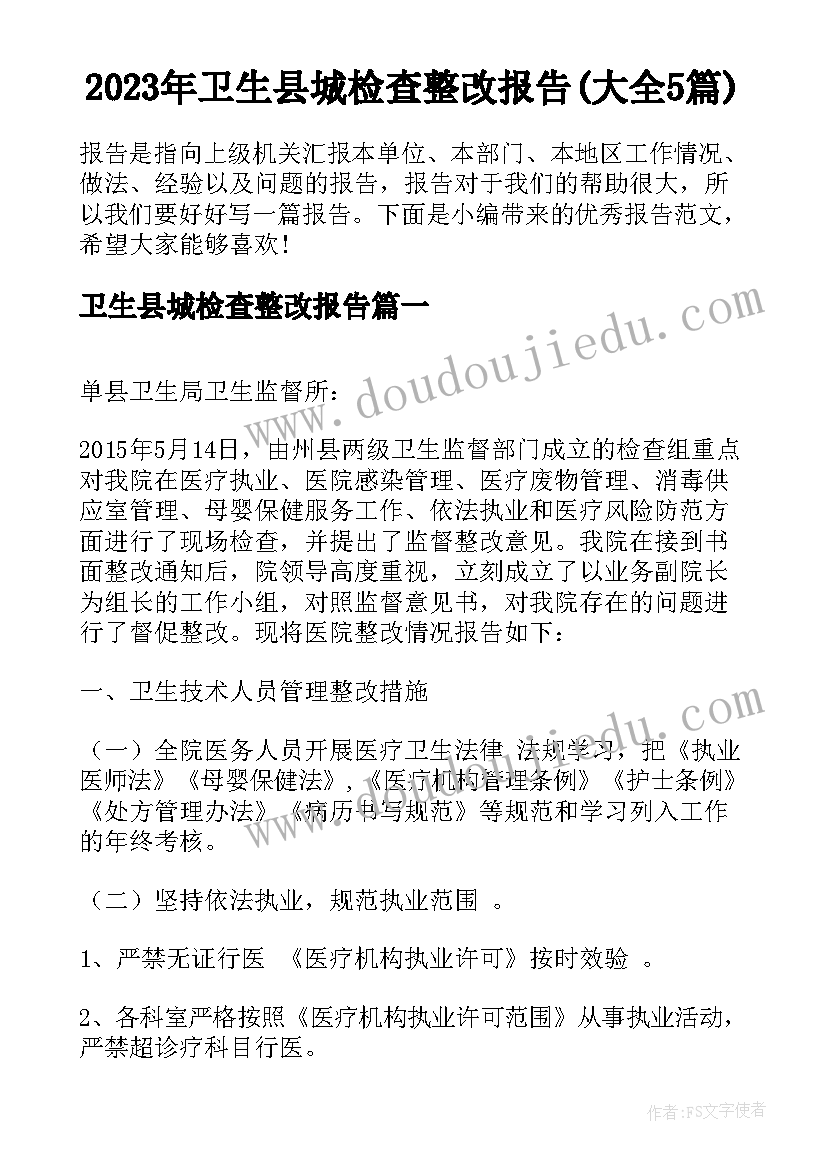 2023年卫生县城检查整改报告(大全5篇)