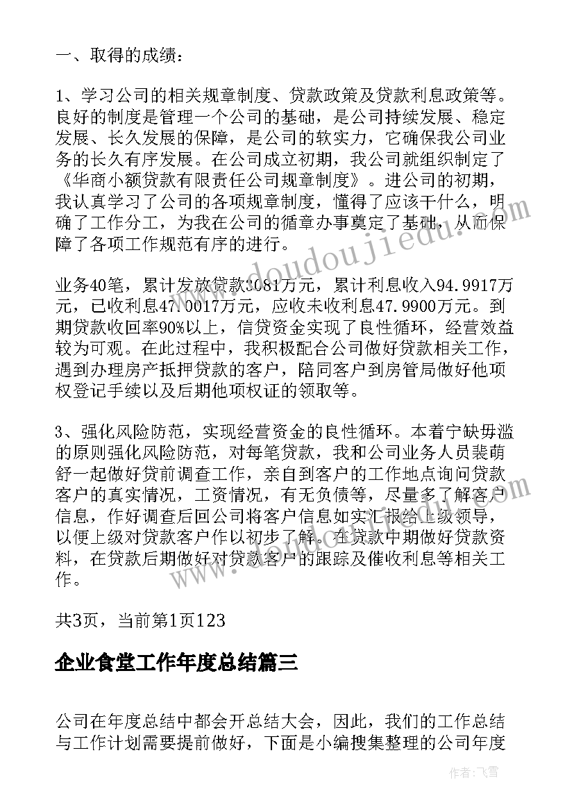 最新企业食堂工作年度总结 小贷公司年度工作总结和计划(精选8篇)