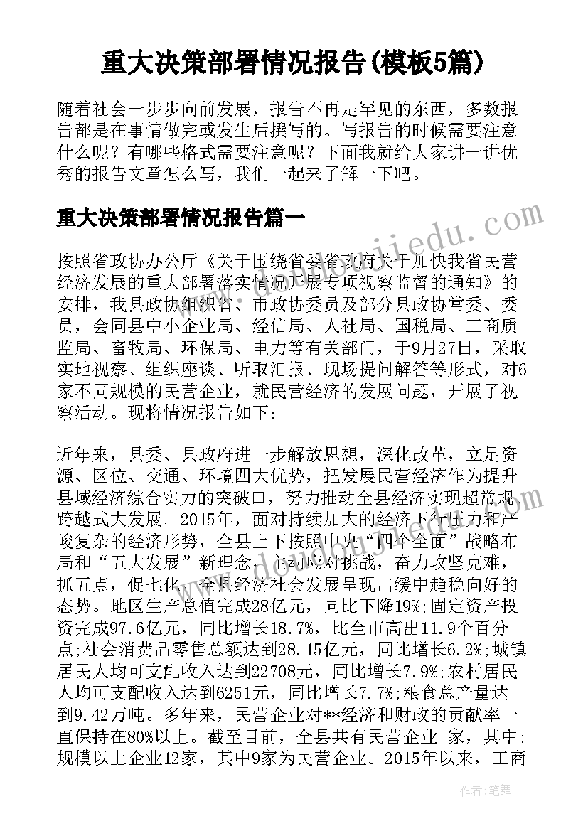 重大决策部署情况报告(模板5篇)