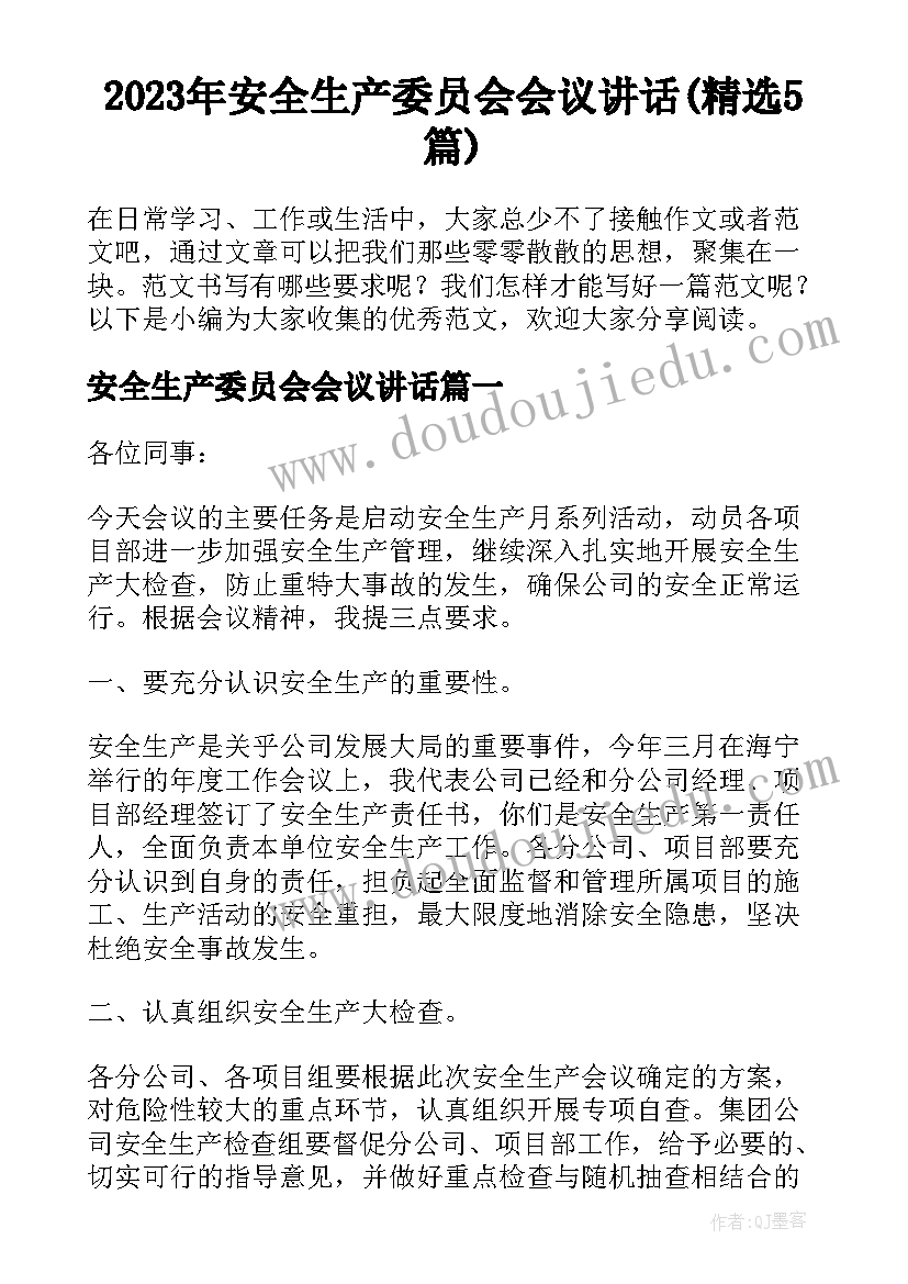 2023年安全生产委员会会议讲话(精选5篇)