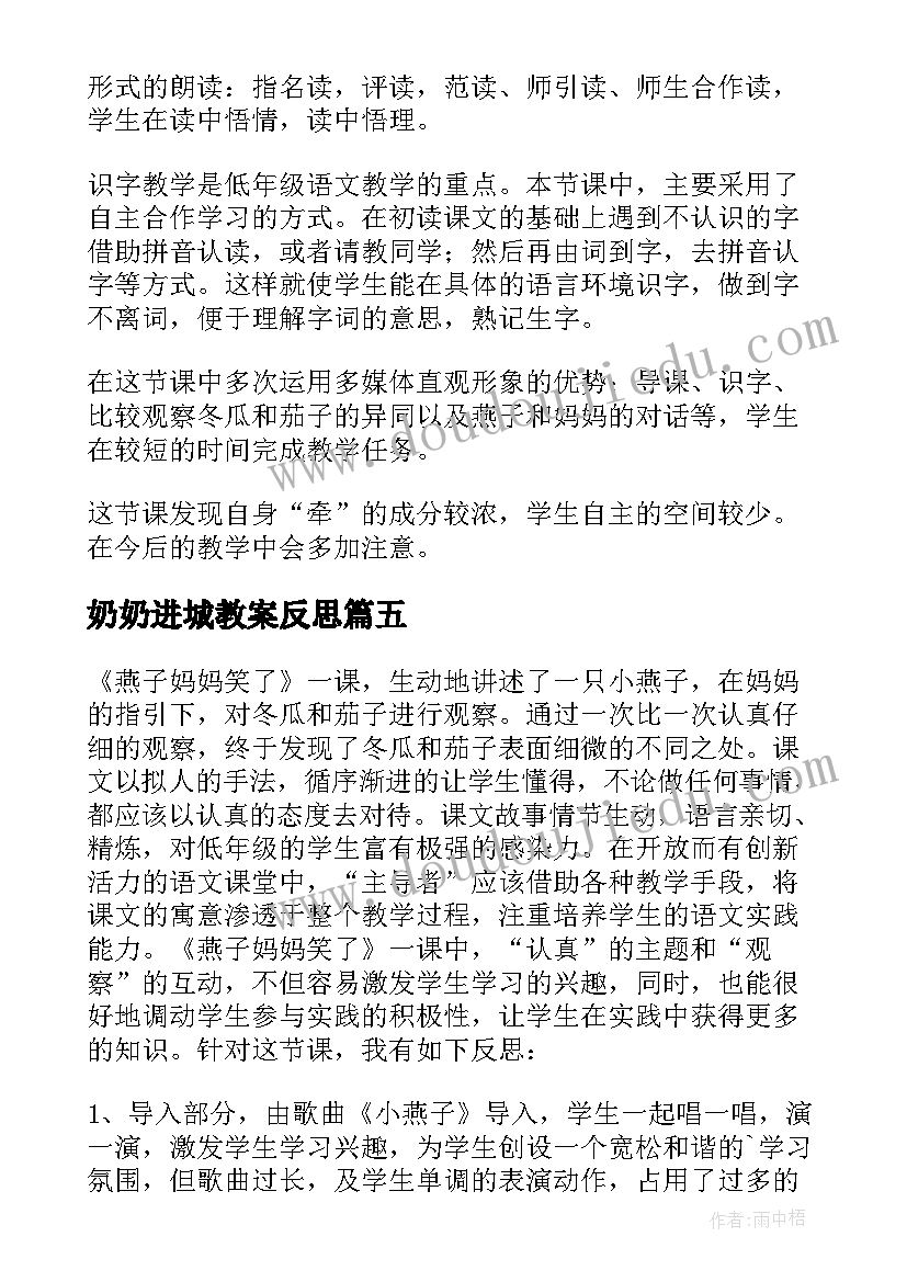 2023年奶奶进城教案反思 奶奶最喜欢的铃儿教学反思(精选6篇)