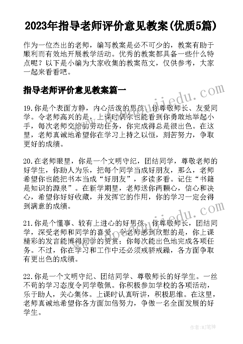 2023年指导老师评价意见教案(优质5篇)