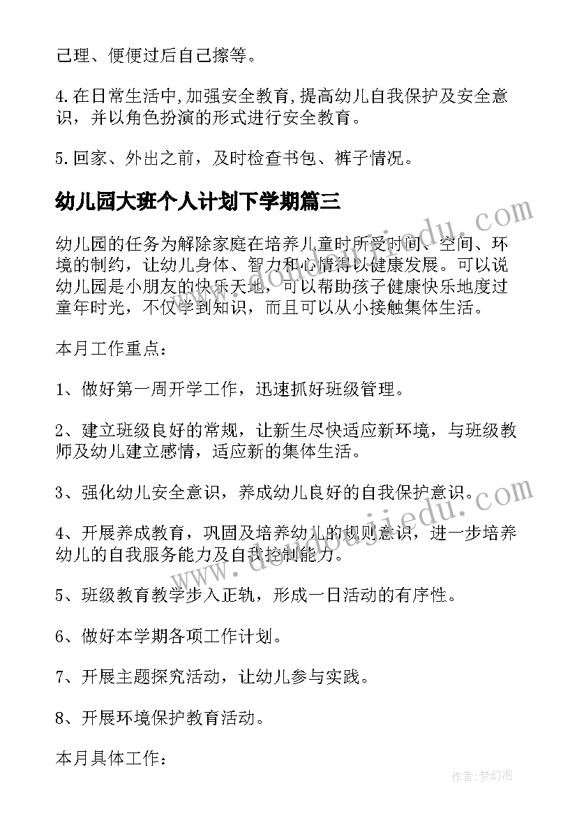 幼儿园大班个人计划下学期(实用5篇)