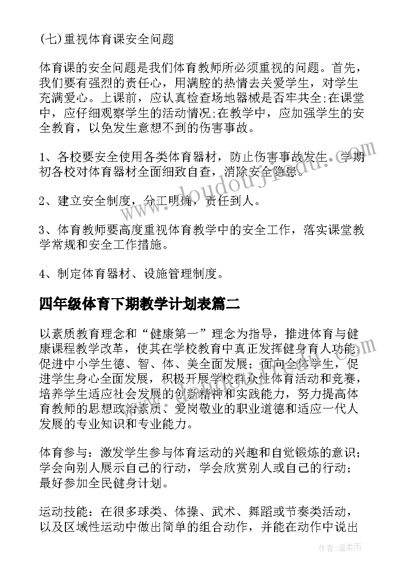 最新四年级体育下期教学计划表(优质7篇)