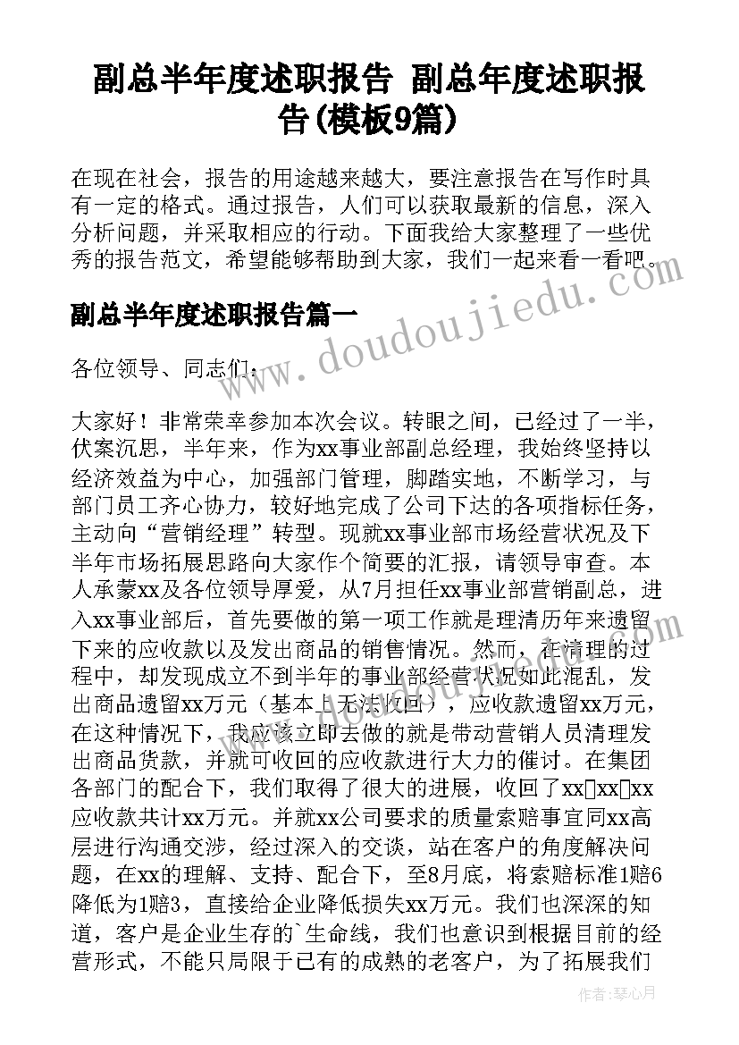 副总半年度述职报告 副总年度述职报告(模板9篇)