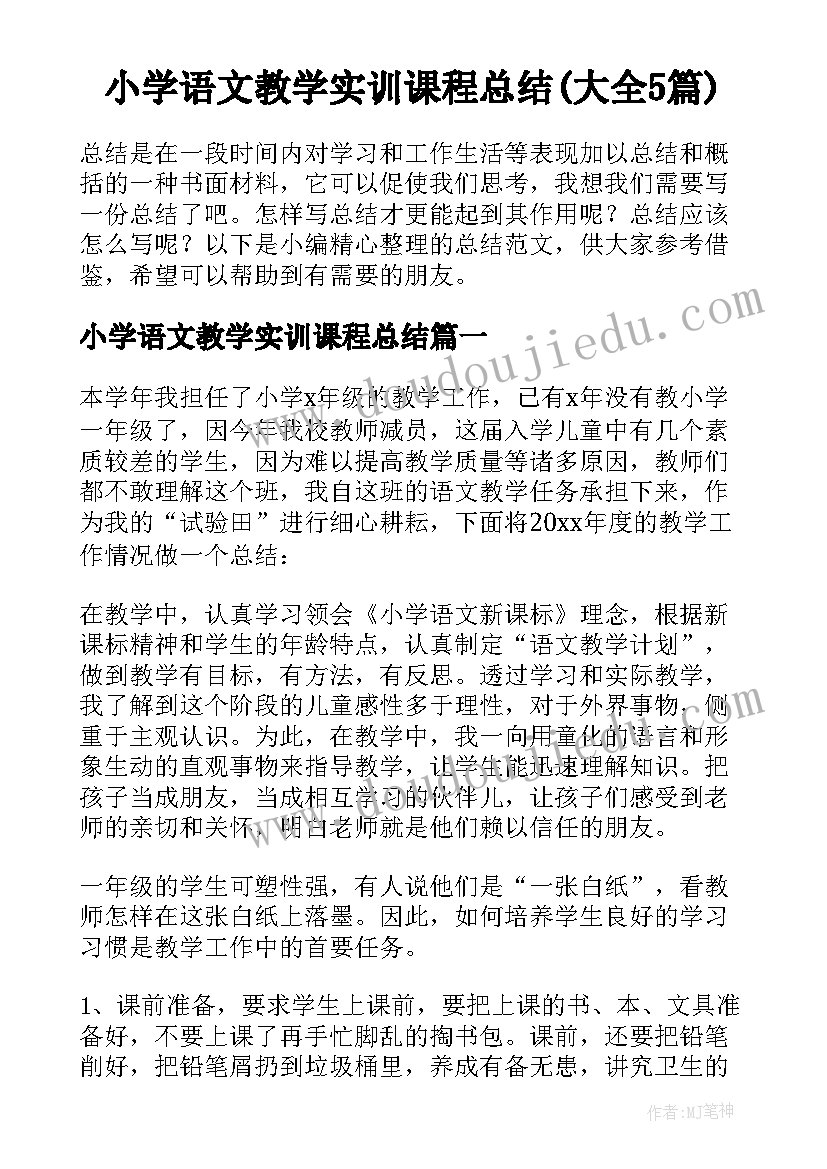 小学语文教学实训课程总结(大全5篇)