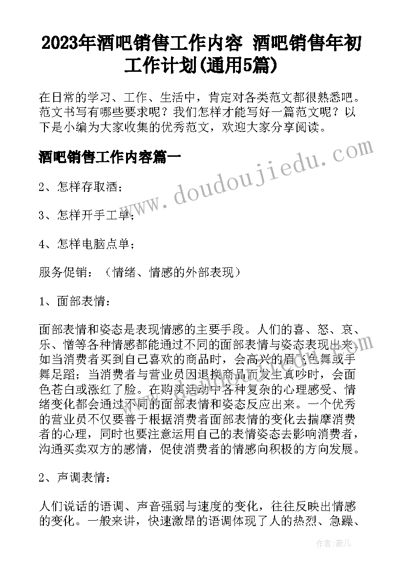 2023年酒吧销售工作内容 酒吧销售年初工作计划(通用5篇)